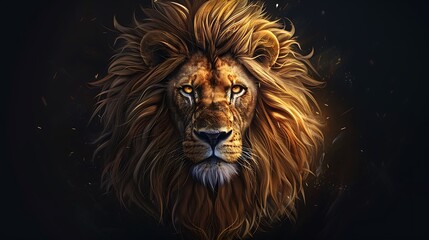 Create a detailed illustration of a lion's head with a majestic mane, showing realistic textures and vibrant colors. generative ai