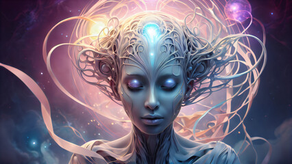 Futuristic Sci-Fi World with Elements of Alien Civilization: Humanoid Character with Organic and Mechanical Structures, Cybernetic and Biomechanical Style in Cold Blue, Purple and Silver Tones, with E