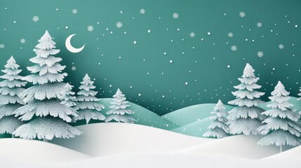 Festive Christmas Card with Snowy Scene on Green Background
