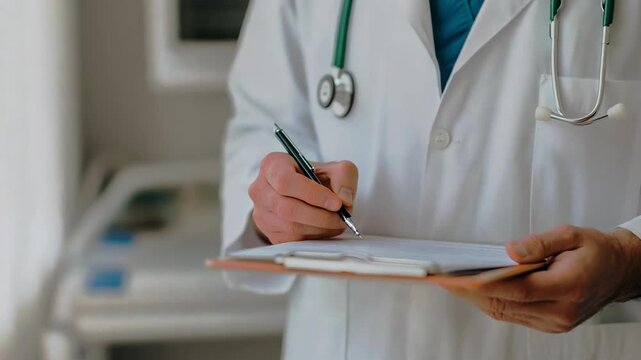 Doctor writing medical notes on clipboard during patient consultation in hospital, professional healthcare examination for accurate diagnosis and effective treatment