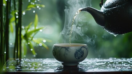 A close-up of a teapot with steam rising as tea is poured into a porcelain cup, surrounded by...