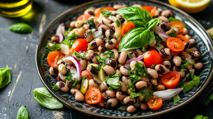 Fresh black-eyed pea salad with cherry tomatoes and basil on a rustic table with olive oil and lemon in the background