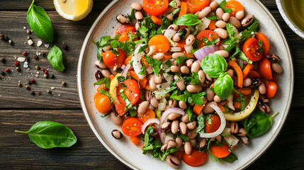 Fresh summer salad with cherry tomatoes, black-eyed peas, and basil on a rustic wooden table