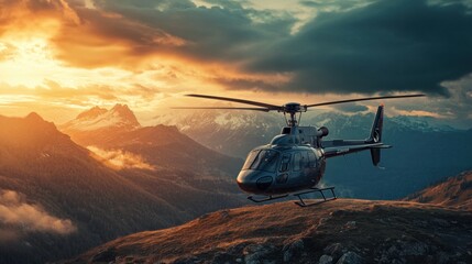 Helicopter Soaring Above Majestic Mountains at Sunset