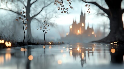 Haunted mermaid castle glowing in dark depths, eerie Halloween vibes, 3D illustration