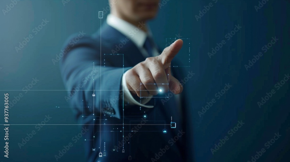 Poster a man in a suit is pointing at a screen with a blue background