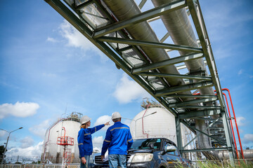 Team Petroleum chemical engineer discussion about blueprint drawings inside Oil Refinery Gas...