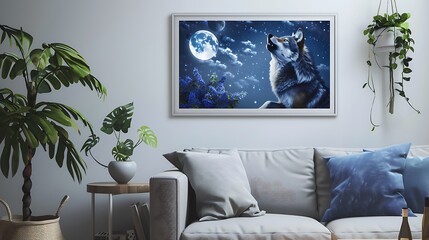 Create a hand-made painting of a majestic wolf howling at the moon, displayed on a cozy living room wall with a minimalist frame mockup. generative ai