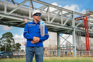 Senior Engineer wearing safety jacket and PPE working about Petrochemica Chemical Prodiction import...