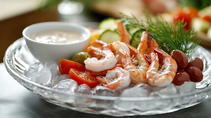 Fresh shrimp platter with cocktail sauce, garnished with vegetables on ice at a casual dining setting