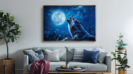 Create a hand-made painting of a majestic wolf howling at the moon, displayed on a cozy living room wall with a minimalist frame mockup. generative ai