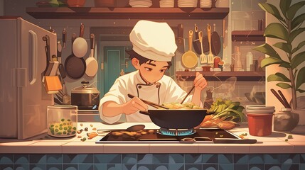 Anime young male chef wearing a white uniform in the restaurant kitchen cooking, illustration