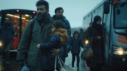 Refugee family boarding a bus to resettlement, expressions of mixed emotions, carrying few belongings, sense of transition and new beginnings, aid workers assisting with the move