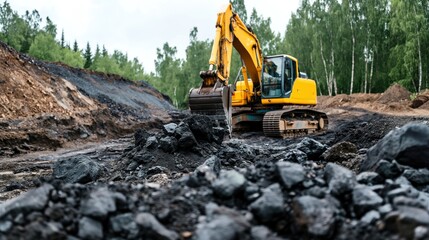An excavator digs into dark soil while surrounded by lush trees, showcasing the contrast between nature and industrial activity in a remote location
