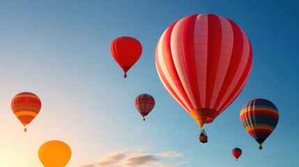 Naklejka premium Hot air balloons of various colors gracefully ascend into a clear blue sky during a stunning sunset, creating a beautiful spectacle in the evening air
