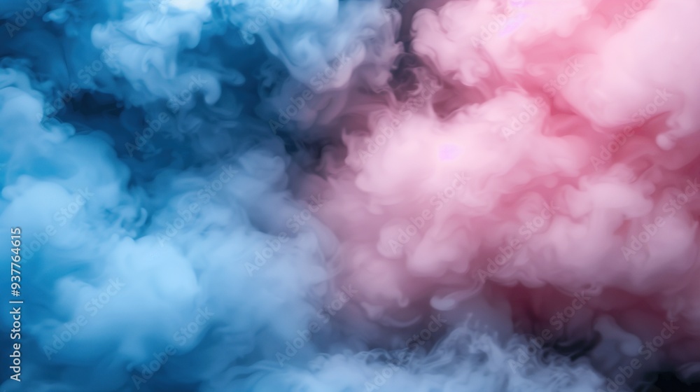 Poster soft clouds of blue and pink smoke intertwine, forming an abstract display that captivates the viewe