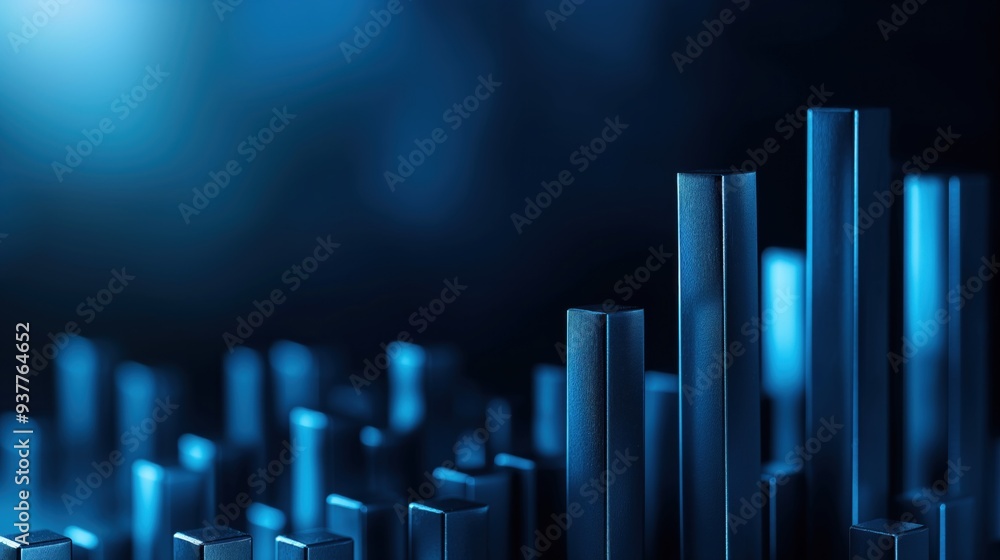 Poster vertical bars in varying heights create an abstract visual effect, illuminated by blue light, giving