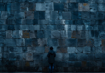 Solitary Figure in Dark Clothing Facing Large Stone Wall
