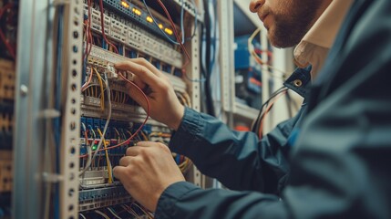 Electrician installing wiring in a building, demonstrating technical skills and safety