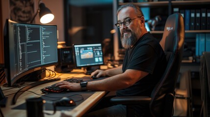 A focused programmer is coding at a desk with multiple monitors, surrounded by soft lighting, showcasing the late-night productivity in a cozy workspace