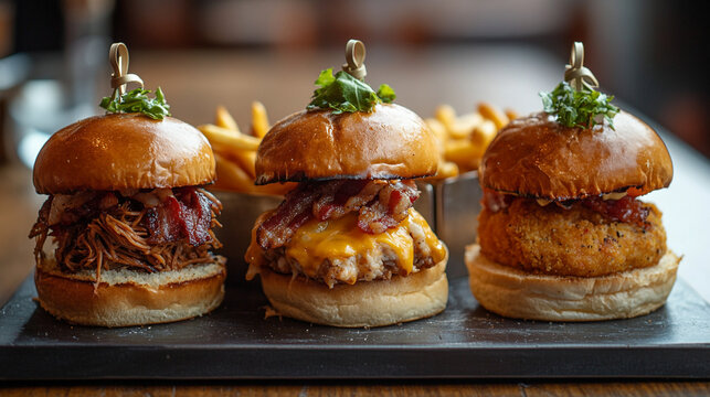 Delicious gourmet sliders with bacon, pulled pork, and crispy onion rings served alongside golden fries in a cozy restaurant setting