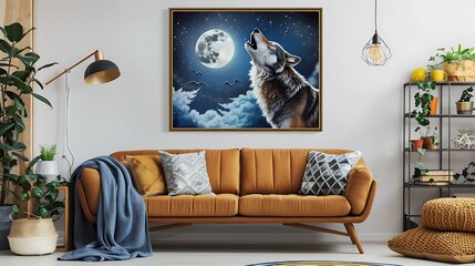 Create a hand-made painting of a majestic wolf howling at the moon, displayed on a cozy living room wall with a minimalist frame mockup. generative ai