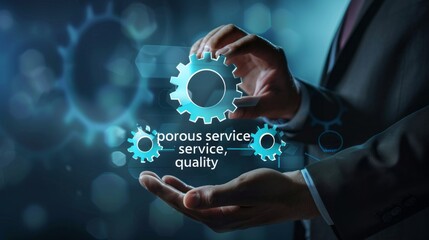 A man is holding a gear with the words "porous Service Quality" written on it