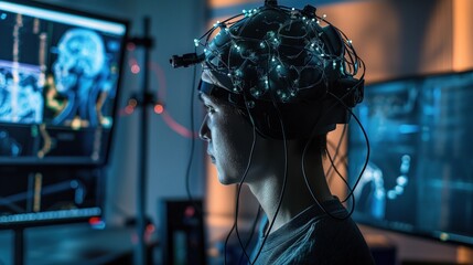 A young adult participates in a brain activity study, surrounded by screens displaying neural data in a cutting-edge neuroscience laboratory during the evening