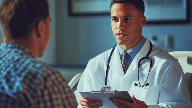 Young professional doctor consulting patient in modern medical office, showcasing healthcare expertise and personalized medical attention for diverse clientele