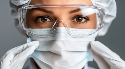 A healthcare worker prepares their protective gear, adjusting their mask and goggles, ensuring safety while preparing to assist patients in a clinical environment