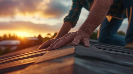 Roofer replacing damaged shingles on a house roof, securing new materials to protect the home from weather elements and improve its structural integrity