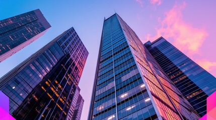 Fototapeta premium Skyscrapers rise high into the colorful evening sky, their glass facades reflecting the sunset hues in a bustling urban environment