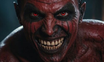 Fototapeta premium Closeup image of a devilish figure with red eyes and white teeth