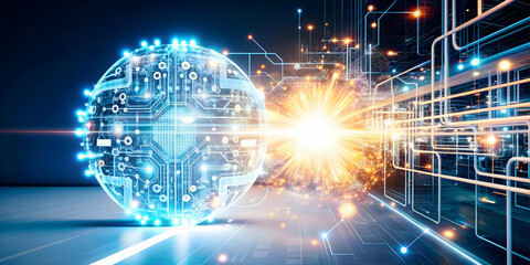 Obraz premium AI Enhanced Business Strategy: Glowing Abstract Digital Art Banner Symbolizing Precision in Decision Making with AI - Dynamic Shapes and Light Reflecting Efficiency in Photo Stock Concept
