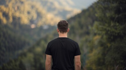Man In A Black T-shirt Facing Serene Mountain Forest, Majestic Landscapes, And Lush Greenery Across Different Natural Lighting Conditions, Man In The Forest, Back View Of A Man Mock Up Blank T-shirt 