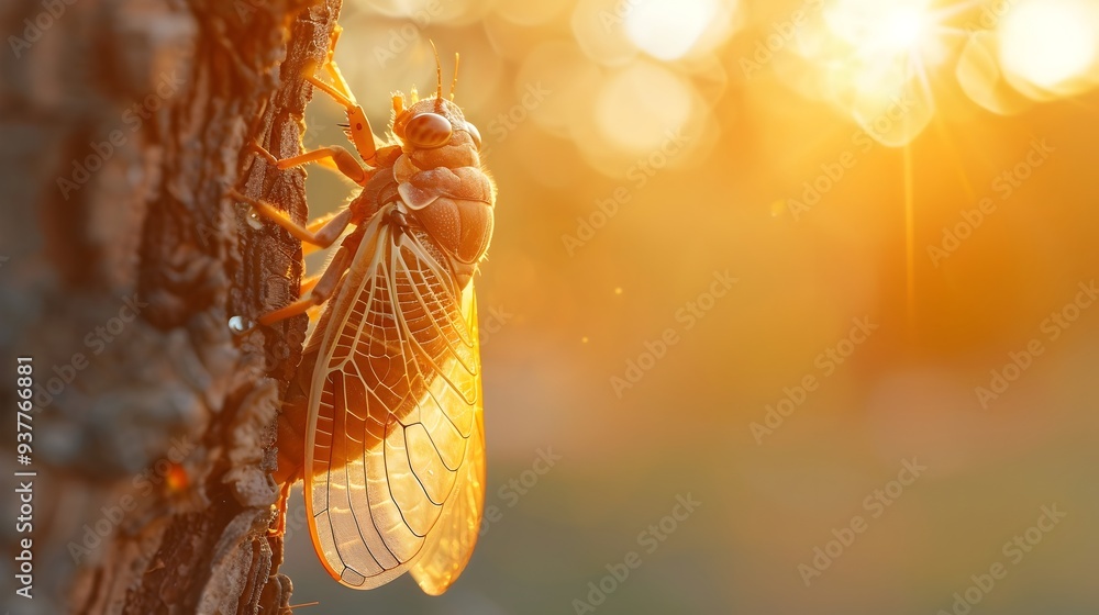 Poster cicada emerging from shell symbol of transformation and new beginnings