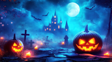 Fototapeta premium Halloween background with burning candles and a pumpkin in the night forest, dark blue color, a castle in the foggy distance with copy space