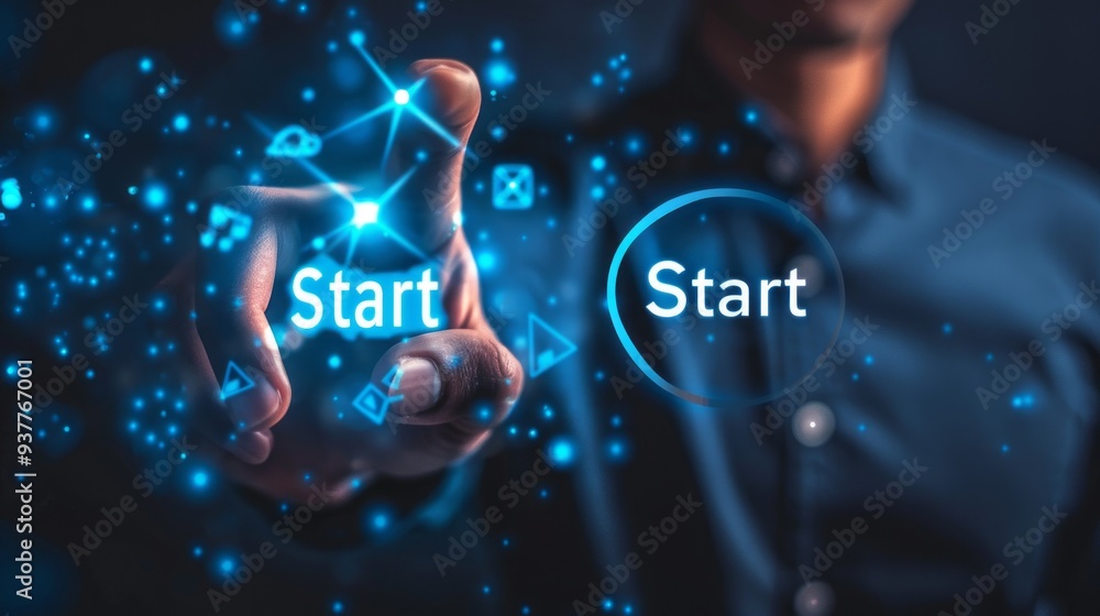 Poster a man is pointing to the start button on a computer screen