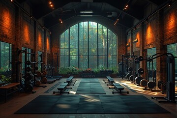 Dark background gym with barbells and machines