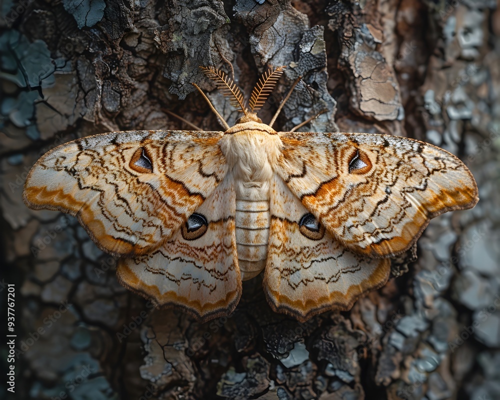 Poster beautifully camouflaged moth resting on tree bark with intricate patterns