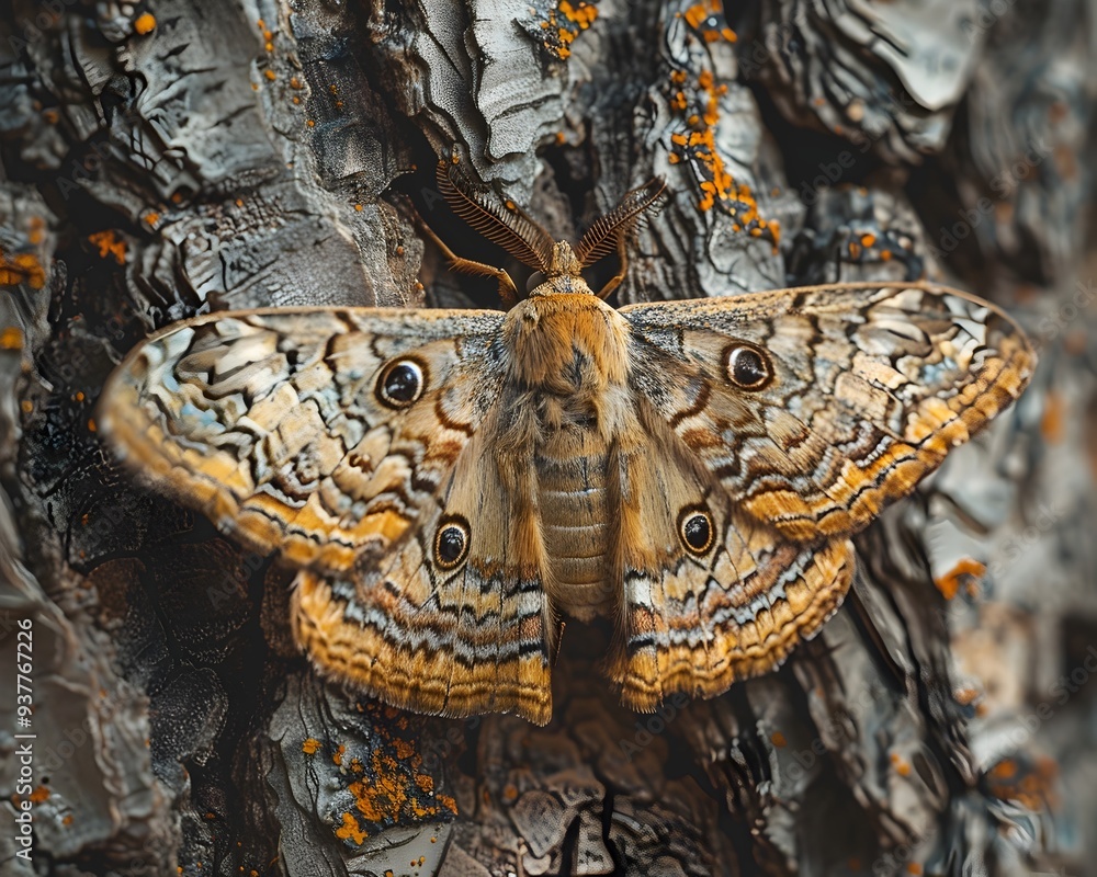 Poster beautifully camouflaged moth resting on textured tree bark with intricate patterns