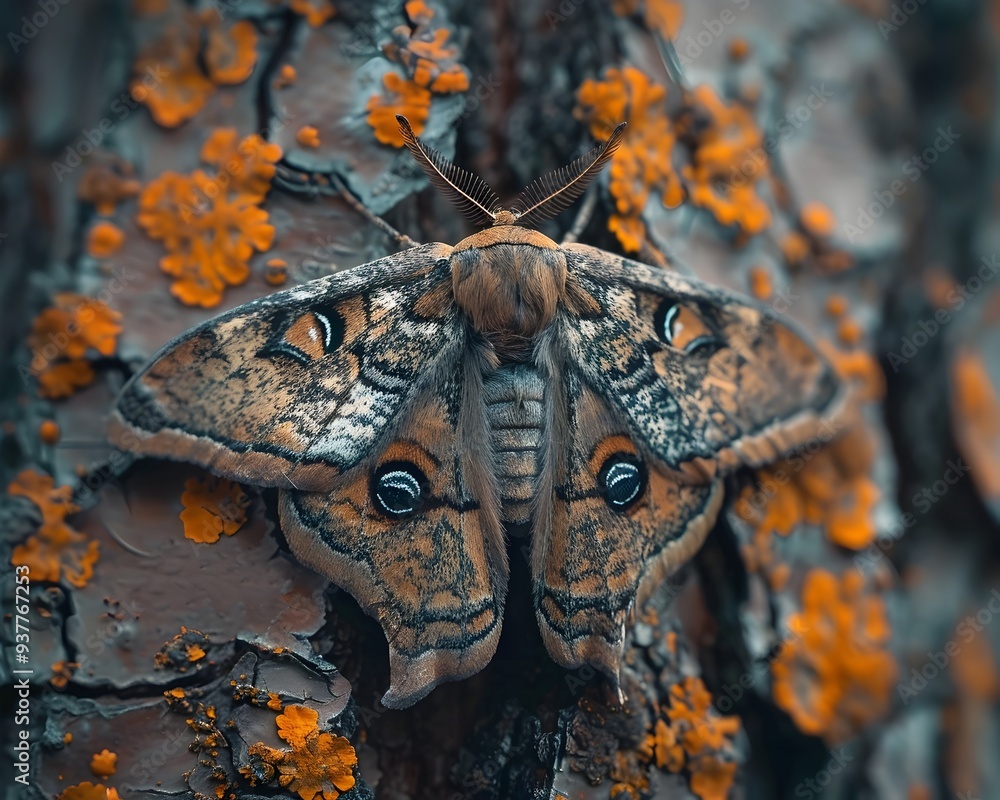 Poster camouflaged moth resting on tree bark with intricate patterns and copy space
