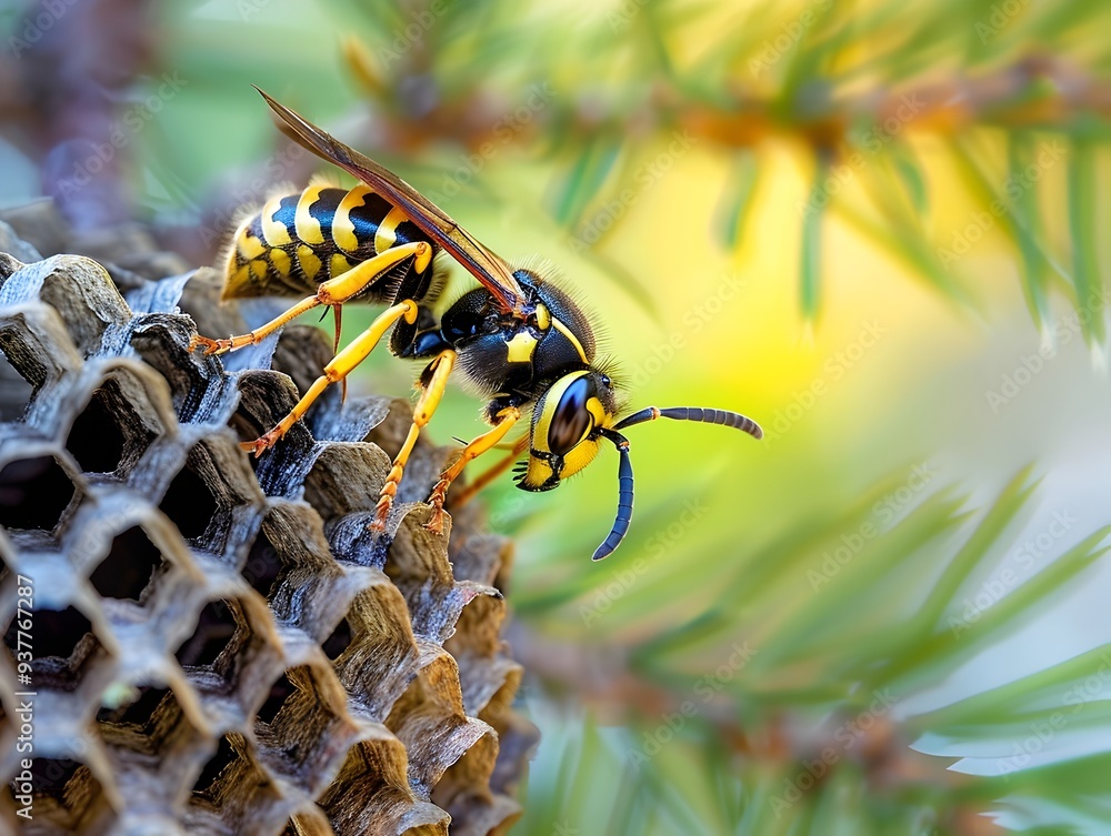 Poster wasp building its intricate nest showcasing structure and complexity
