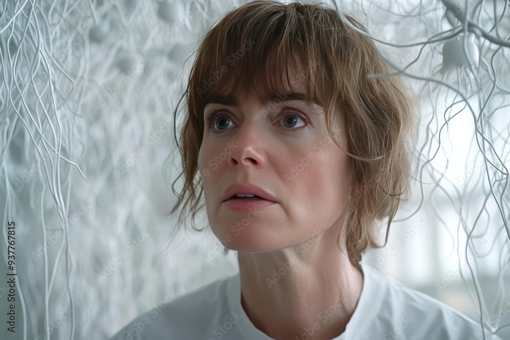 Poster a perplexed woman in a clinical setting with neural connections subtly visualized around her represe