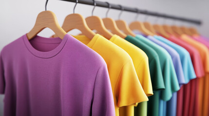 Obraz premium Vibrant pastel-colored t-shirts hanging on wooden hangers in the studio, close-up, product photography, mockup template