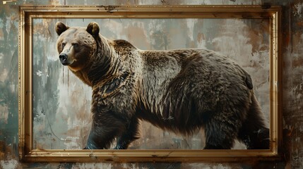 Create a hand-made painting of a powerful grizzly bear standing tall, displayed with a luxurious gold frame mockup on a wall. generative ai