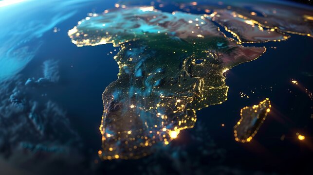 close up of African continent from space at night, with glowing cities light