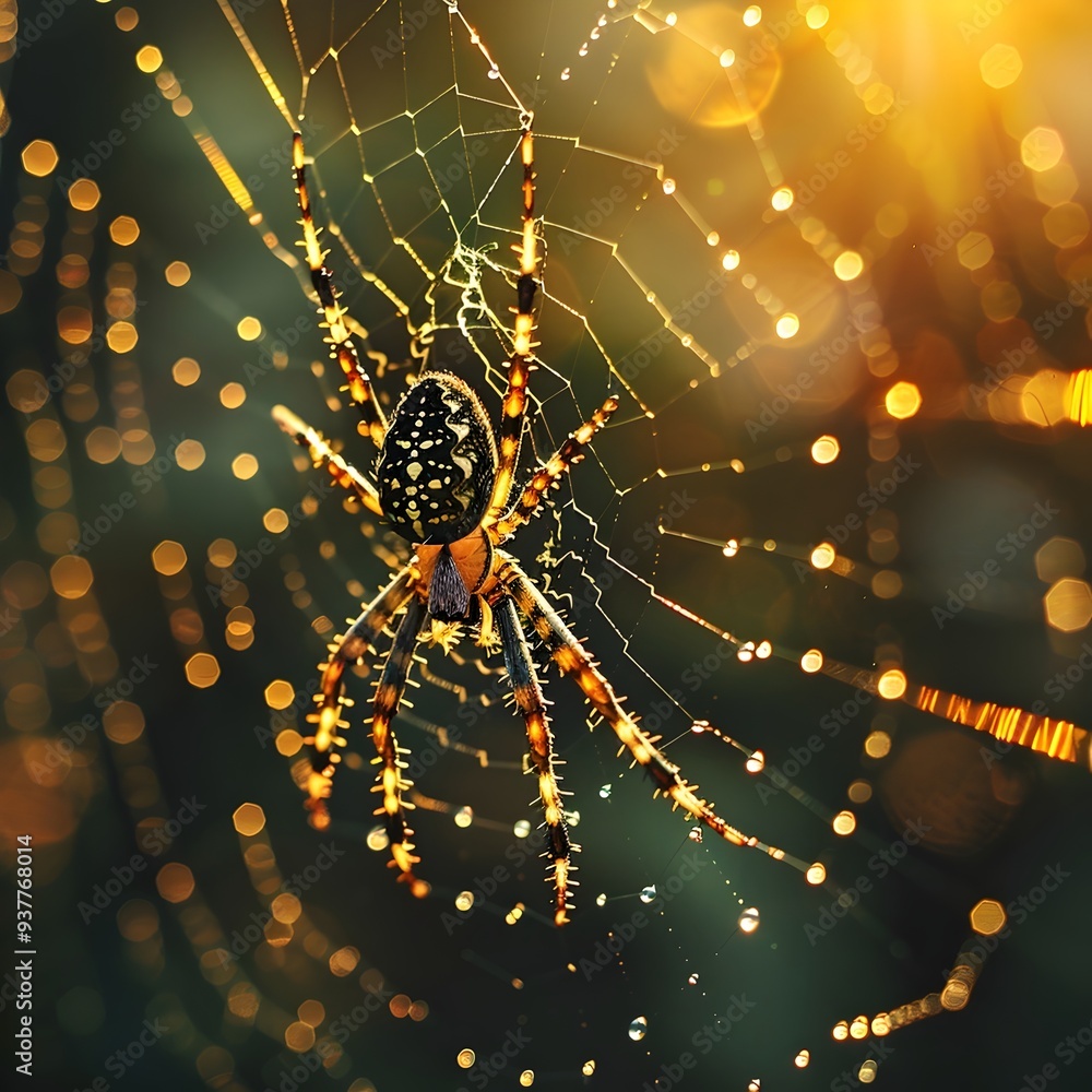 Poster intricately woven spider web sparkling in the ambient light insect concept with copy space