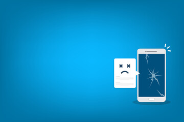 Broken smartphone with sad smile. Broken phone service, recovery and repair concept.	