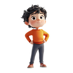 Cheerful cartoon boy standing confidently with hands on hips, wearing an orange sweater, embodying playful and fun character.